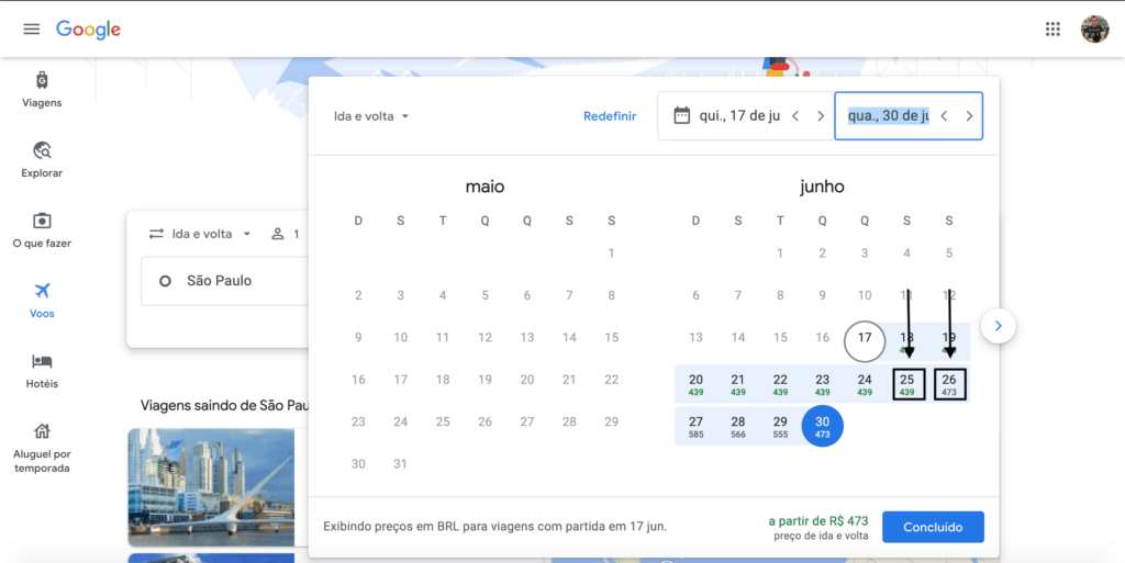 Calendario - Como usar o Google Flights